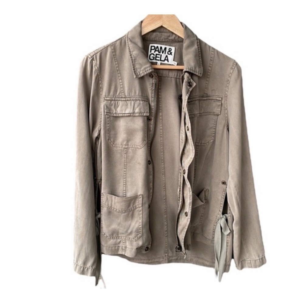 Pam & Gela Jacket Utility Coat Olive Green Tencel Side Ties Casual Size Small - Picture 3 of 10
